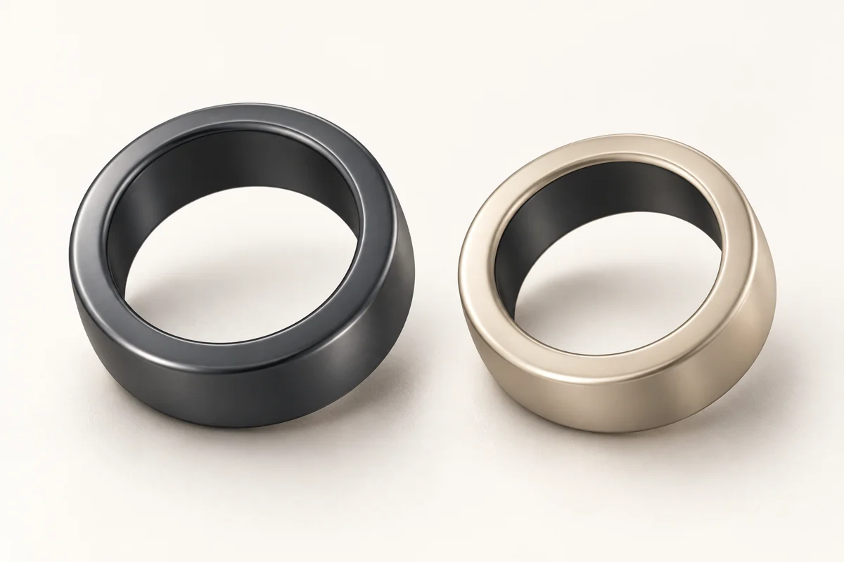 Studio concept visualization of VOLERA rings in graphite and champagne